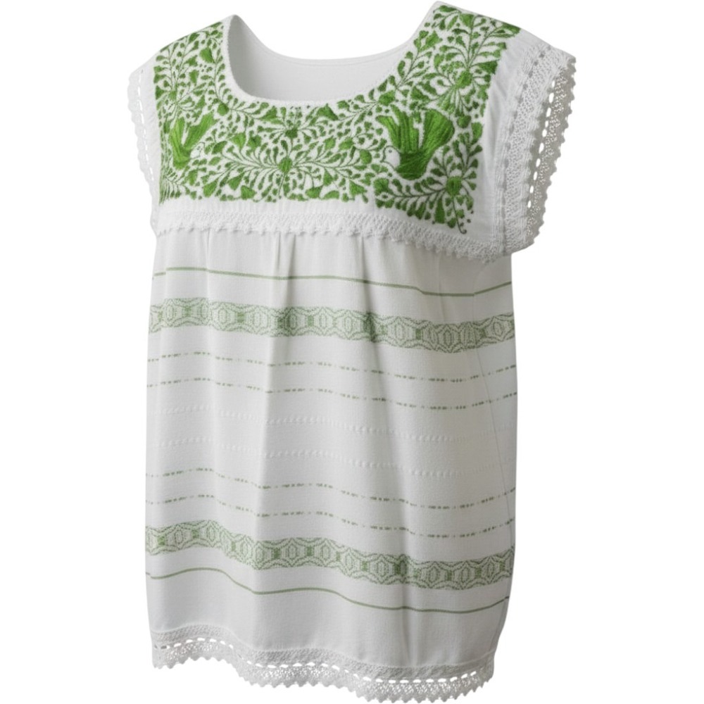 Hand Embroidered Mexican Peasant Blouse L White Green Crochet Boho Folk